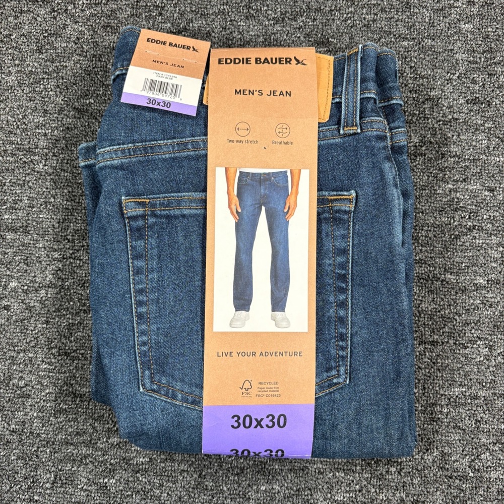 Eddie Bauer Jeans Mens 30x30 Dark Blue Straight Fit Stretch Breathable NEW